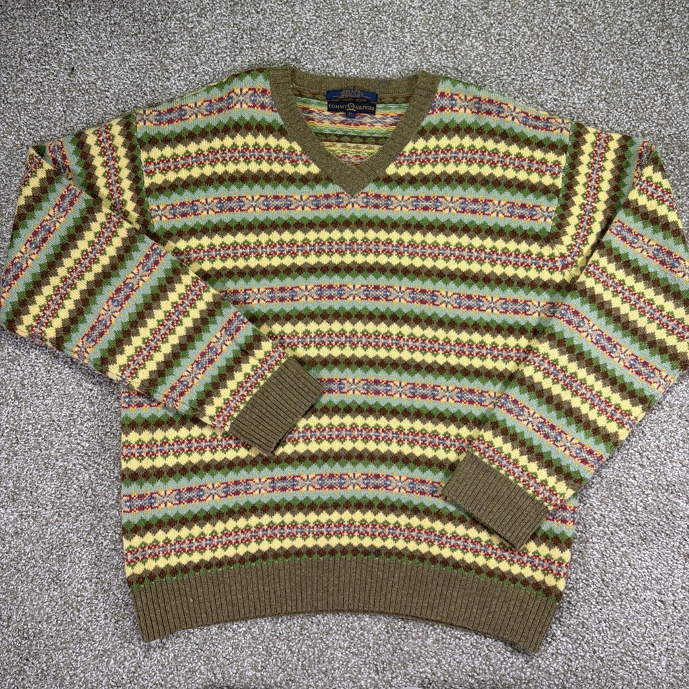 Tommy Hilfiger Lambswool V Neck Size XL Fair Isle Colorful Summer Essentials